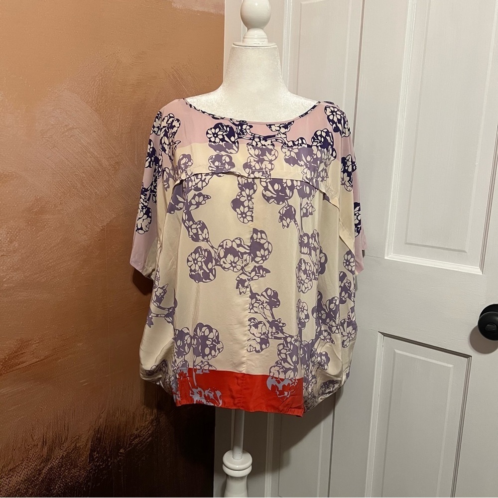 #180 DIANE VON FURSTENBERG LANDY SILK FLORAL COLORBLOCK BLOUSE TOP SIZE LARGE